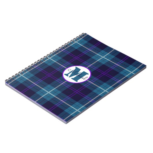 Carnet Celadon Blue Plaid Tartan Monogramme Nom du script (Côté gauche)