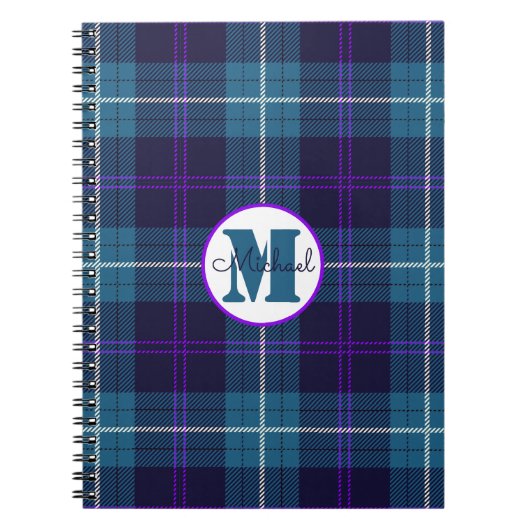 Carnet Celadon Blue Plaid Tartan Monogramme Nom du script (Devant)