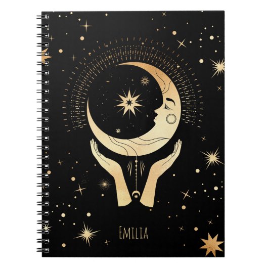 Carnet Céleste Esotérique Noir Faux Or Lune Nom des mains (Devant)