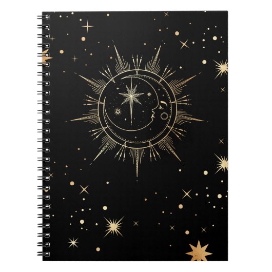 Carnet Céleste Noir et Faux Or Lune Soleil Étoiles (Devant)