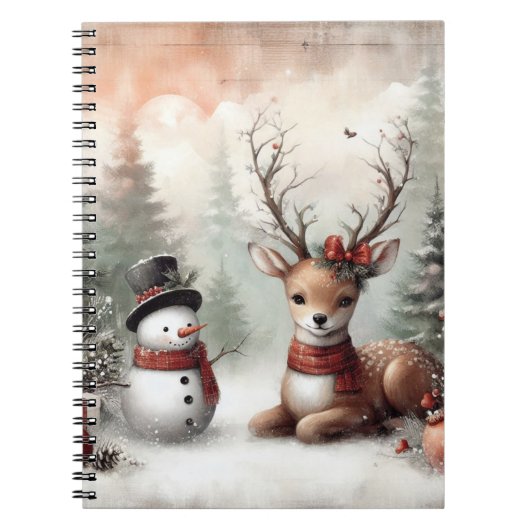 Carnet Cerf de Noël/bonhomme de neige en bois classique (Devant)