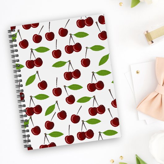 Carnet Cerise Rouge, Motif De Cerises, Feuilles, Fruits