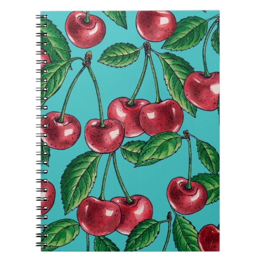 Carnet Cerises rouges sur turquoise (Devant)