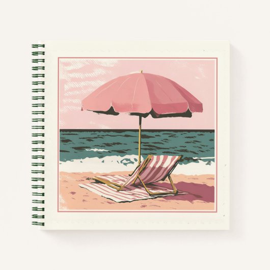 Carnet Chaise de plage rose et crème et parapluie (Devant)