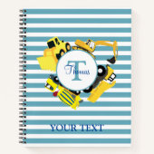 Carnet Chariots de construction Bleu rayures Monogramme (Devant)