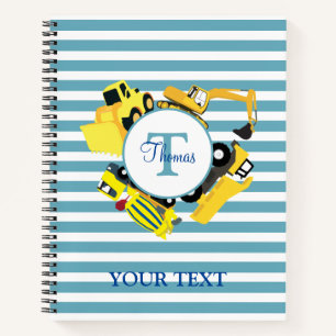 Carnet Chariots de construction Bleu rayures Monogramme