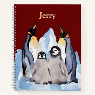 Carnet Charming Penguin Family avec nom sur Burgundy Note