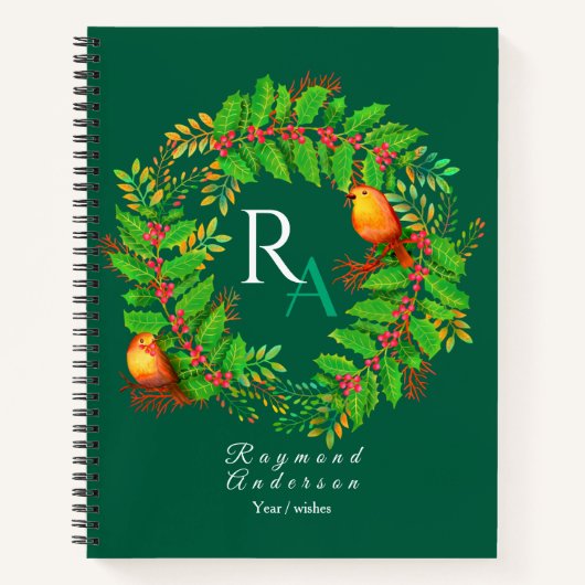 Carnet Chasseur de monogramme de couronne de Noël Vert (Devant)