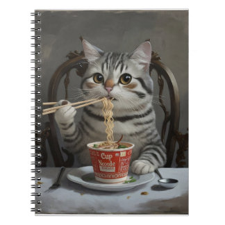 Carnet Chat À Rayures Profitant Des Nouilles De Coupe