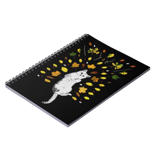 Carnet Chat blanc avec illustration des feuilles de chute (Côté gauche)