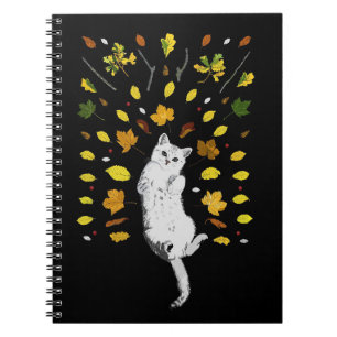 Carnet Chat blanc avec illustration des feuilles de chute