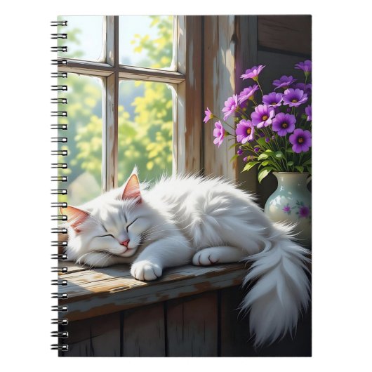 Carnet Chat blanc dormant et fleurs violettes (Devant)