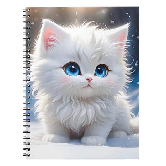 Carnet Chat Blanc Fluffy Adorable Yeux Bleus Joues Roses (Devant)