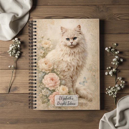 Carnet Chat Blanc Fluffy avec des Roses