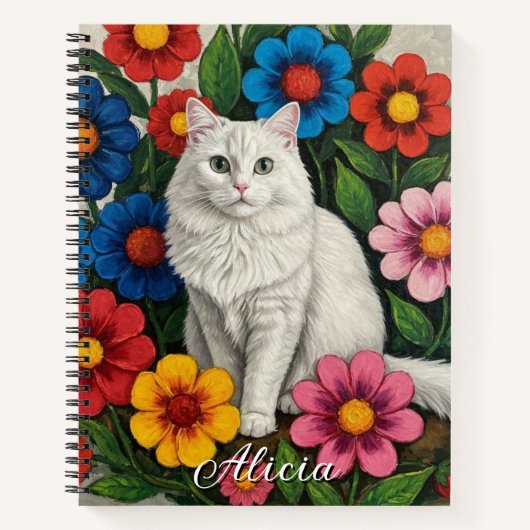 Carnet Chat Blanc Fluffy et Fleurs d'Art Populaire (Devant)