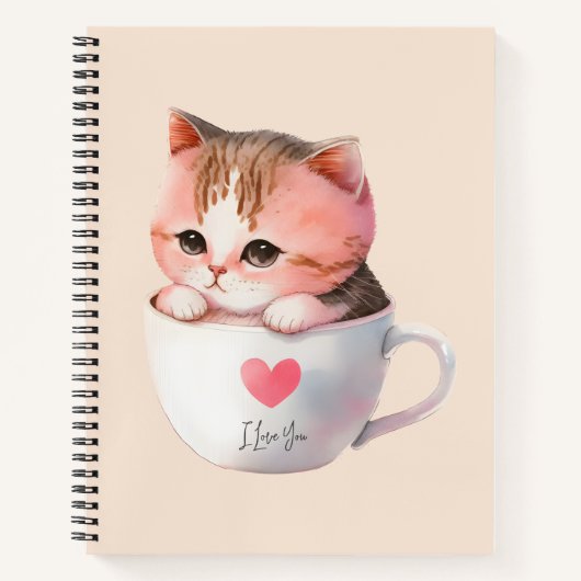 Carnet Chat blanc-rose mignonne dans une tasse de thé (2) (Devant)