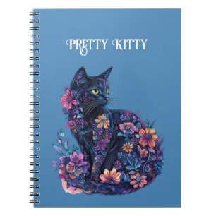 Carnet Chat bleu noir Fleurs Joli Chat