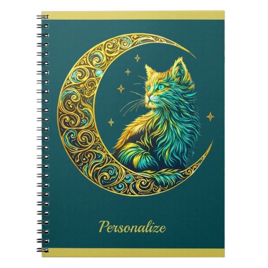 Carnet Chat doré mystique sur la lune céleste verte (Devant)