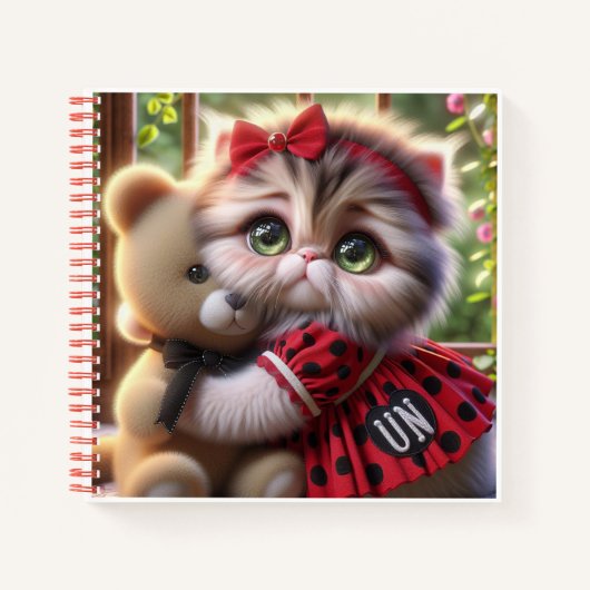Carnet Chat en robe rouge avec ours en peluche (Devant)