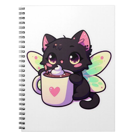 Carnet Chat fée mignonne buvant du chocolat chaud (Devant)