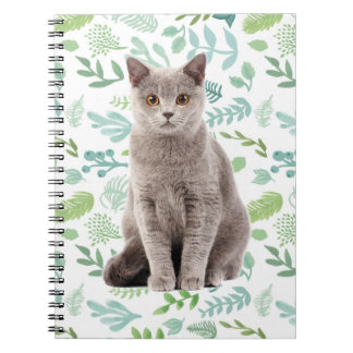 Carnet Chat Gray avec Fleurs et Motif Feuille