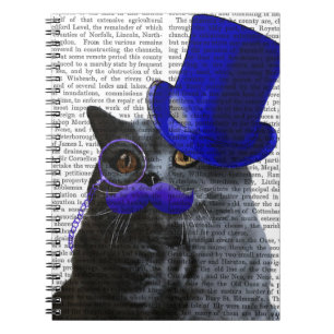 Carnet Chat gris avec chapeau bleu et moustache bleue
