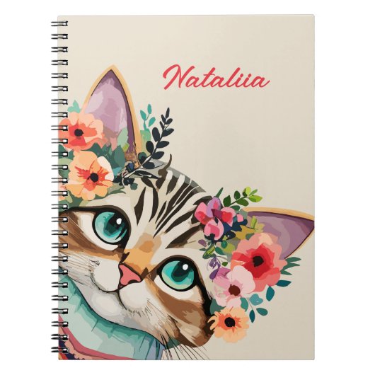 Carnet Chat mignon aquarelle florale  (Devant)