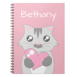Carnet Chat mignon tenant Coeur rose Personnalisé
