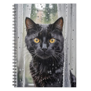 Carnet Chat noir dans la fenêtre humide