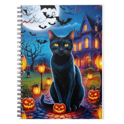 Carnet Chat noir dans le paysage enchanté d'Halloween (Devant)