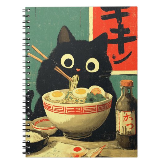 Carnet Chat noir drôle mangeant du Ramen (Devant)