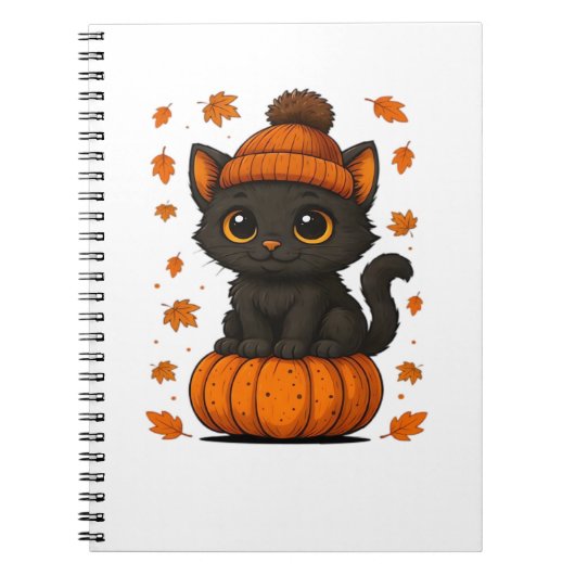 Carnet Chat noir mignon assis sur Citrouille Automne esth (Devant)