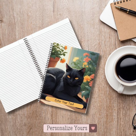 Carnet Chat noir personnalisé avec fleurs en pot