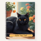 Carnet Chat noir personnalisé avec fleurs en pot (Devant)