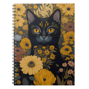 Carnet Chat Noir Yeux Jaunes Fleurs Vintage
