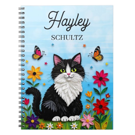 Carnet Chat personnalisé, Fleurs et Papillons (Devant)
