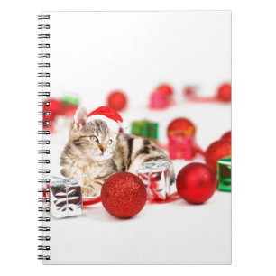 Carnet Chat portant un ornement de Noël chapeau rouge de