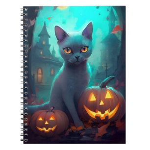 Carnet Chat Russe Bleu Halloween avec des citrouilles eff