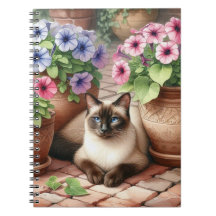 Chat siamois et fleurs de pétunia