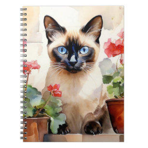 Carnet Chat siamois Fleurs Rouges Aquarelle Fantaisiste M