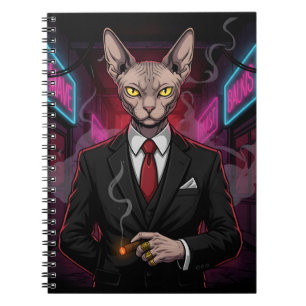 Carnet Chat Sphynx Mafia dans un style néon noir