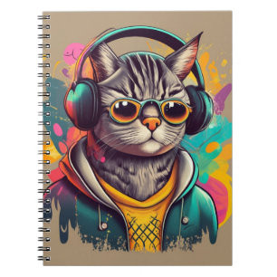 Carnet Chat Super cool avec casque à écouter de la musiqu