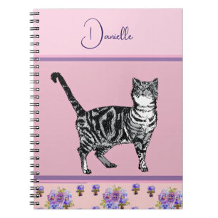 Carnet Chat tigré rose personnalisable aquarelle pour fil