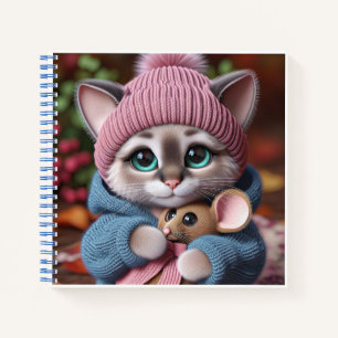 Carnet Chaton au chapeau rose avec souris, par Natasha Us