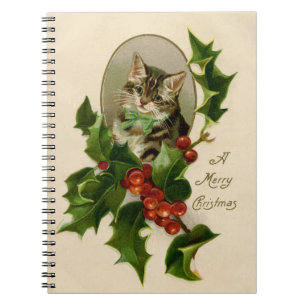 Carnet Chaton de Noël victorien au houx antique tabby