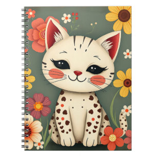 Carnet Chaton tacheté heureux avec des fleurs