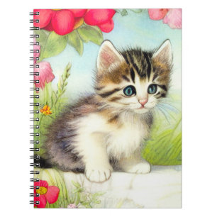 Carnet Chaton vintage blanc et Brown avec fleurs