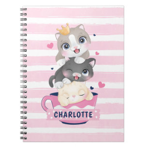 Carnet Chats de dessin animé mignons empilés rayures rose