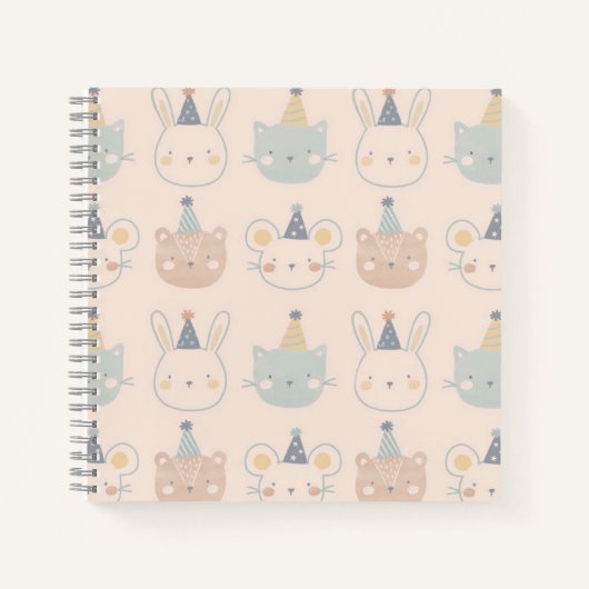 Carnet Chats Mignons Lapins et Ours Visages Motif Pastel (Devant)