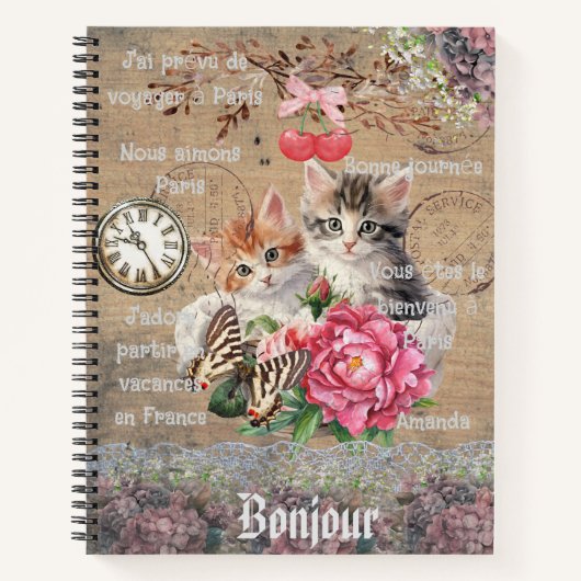 Carnet Chats mignons monogrammés entourés de fleurs (Devant)